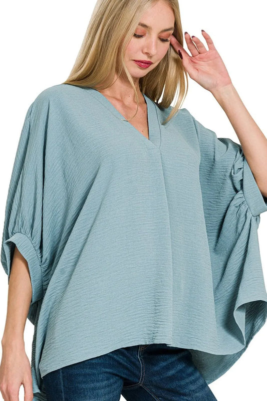 Zenana Woven Airflow V-neck Puff Half Sleeve Top