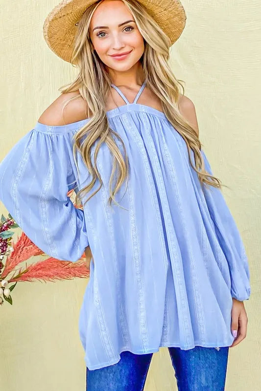 And The Why Stripe Printed Cold Shoulder Halter Neck Top