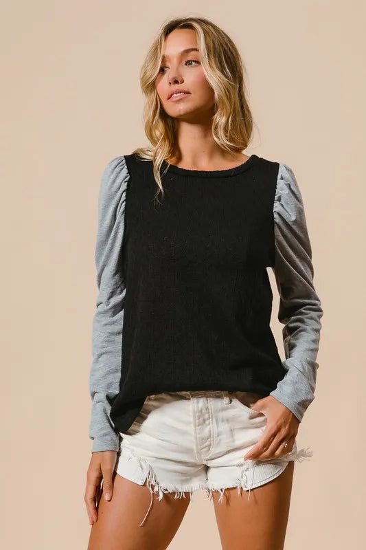 BiBi Cable Sweater Knit Top with Contrast Puff Sleeve