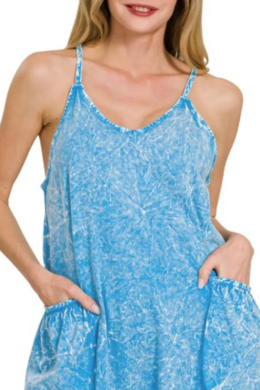 Zenana Acid Crinkle Washed Spaghetti Strap Romper