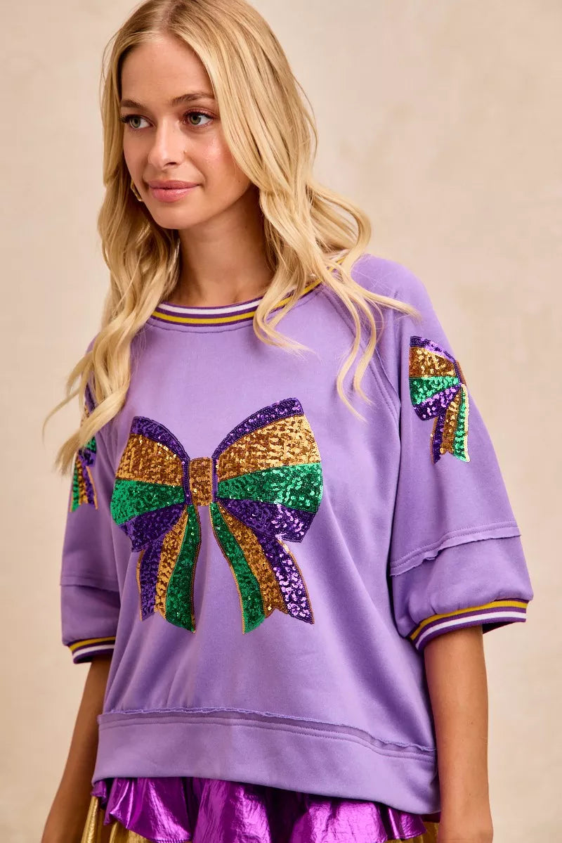 BiBi Mardi Gras Theme Ribbon Sequin Patched Top