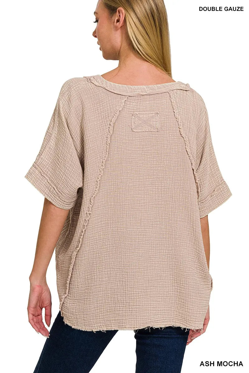 Zenana Washed Double Gauze Exposed Seam Short Sleeve Top