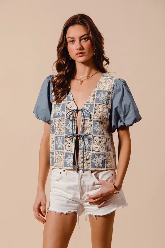 SO ME Crochet Lace Tie Front V Neck Blouse Top