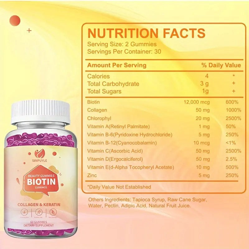 Biotin 12000MCG Beauty Gummies With Collagen & Keratin, Hair, Skin & Nail Support, 60 Count