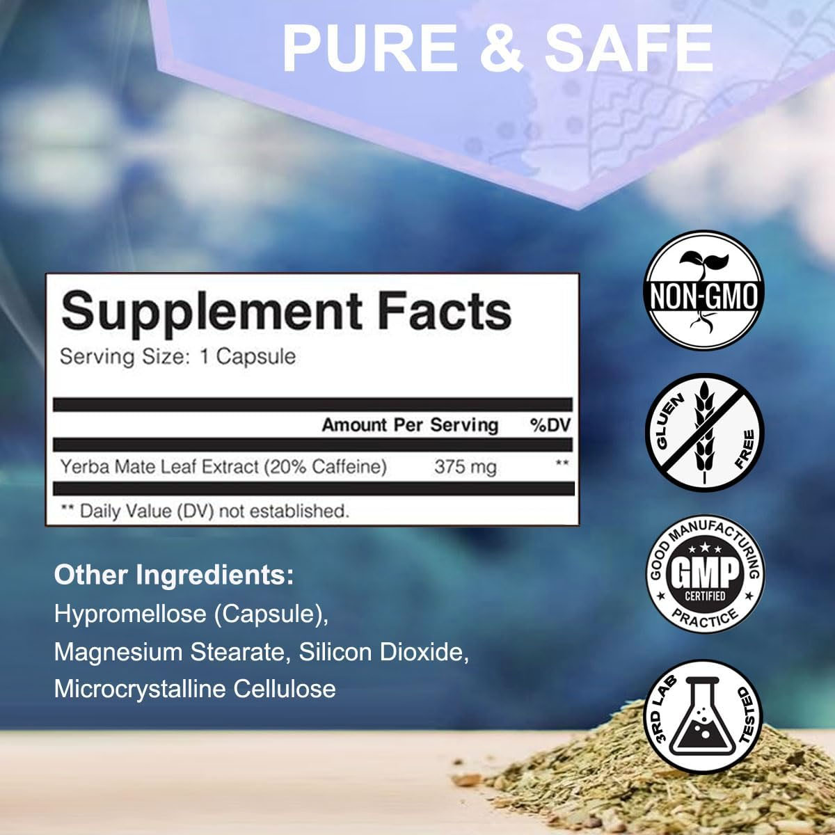 Yerba Mate Capsules  75mg Natural Caffeine Per Capsule  Natural Plant-Based Energy & Focus Support  Supports Mental Clarity & Digestive Wellness Gut Health  60 Capsules