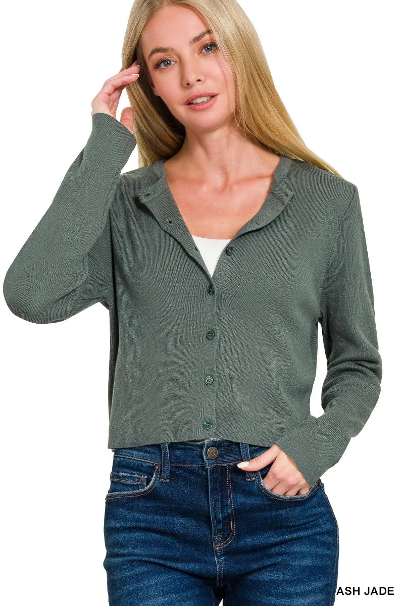 Zenana Button-Front Crewneck Long Sleeve Cropped Cardigan