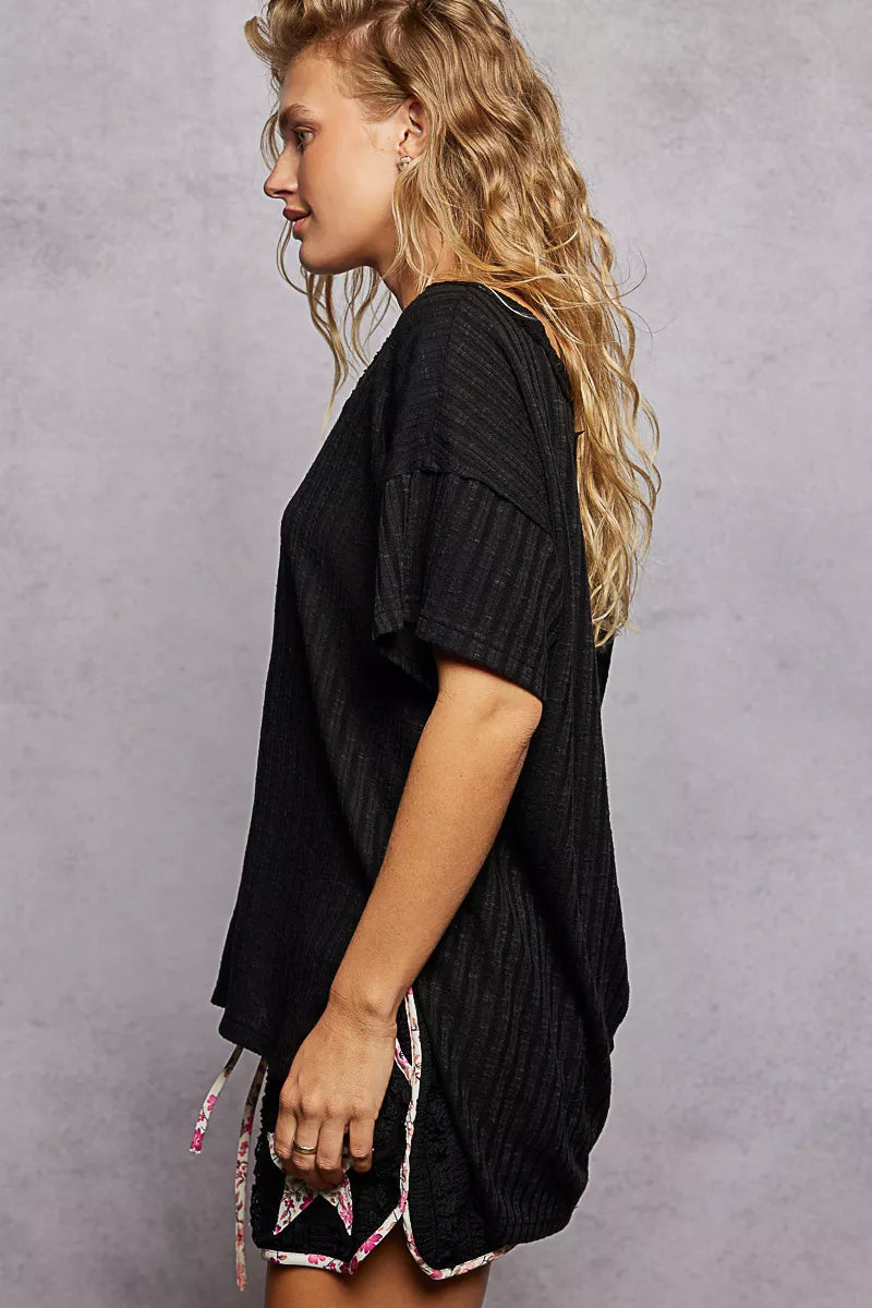 POL Ribbed Knit V-Neck Short Sleeve T-Shirt