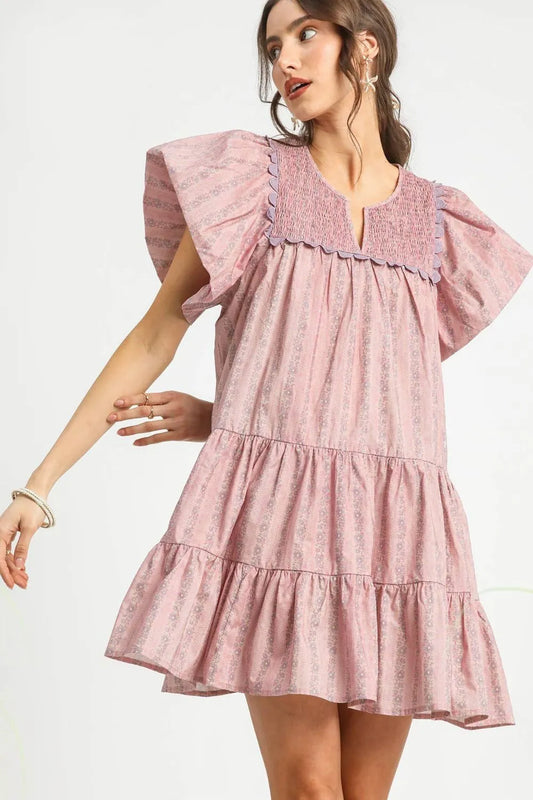 Umgee Floral Ruffled Cap Sleeve Tiered Mini Dress