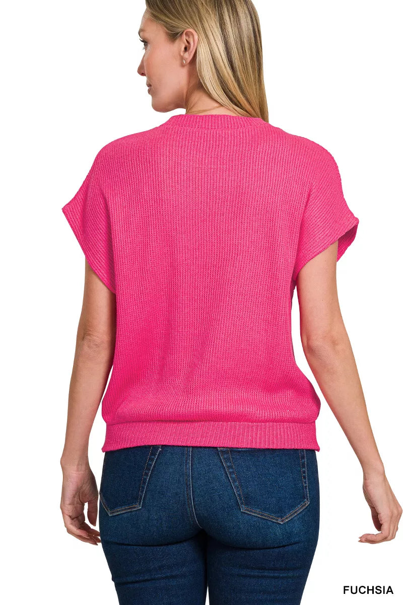 Zenana Round Neck Banded Botton Short Sleeve Sweater