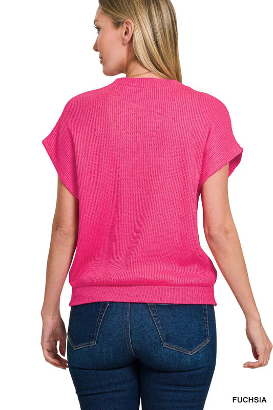 Zenana Round Neck Banded Botton Short Sleeve Sweater