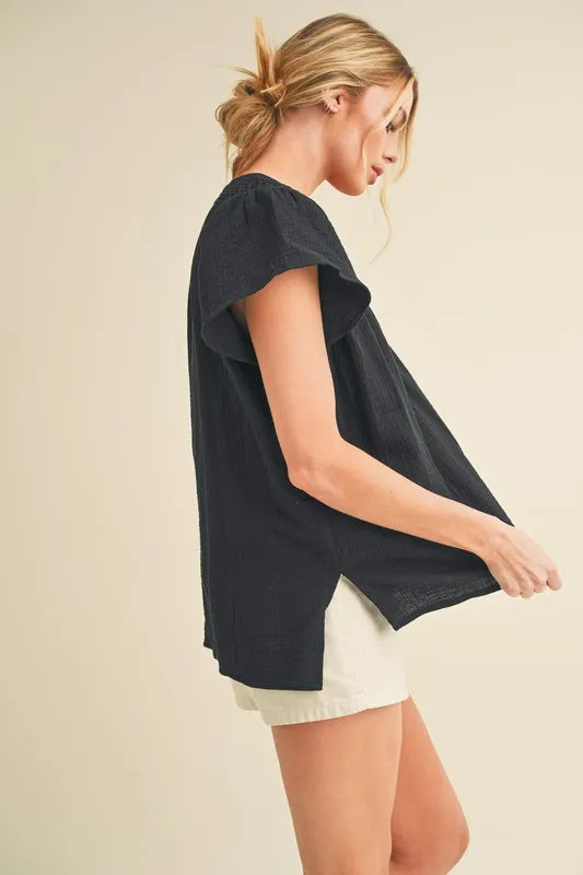 Aemi + Co Embroidered Trim Side Slit Notched Short Sleeve Blouse