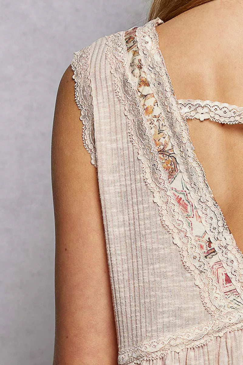 POL Lace Detail Ruffled Ribbed Sleeveless Top with Floral Pattern Trim Detail