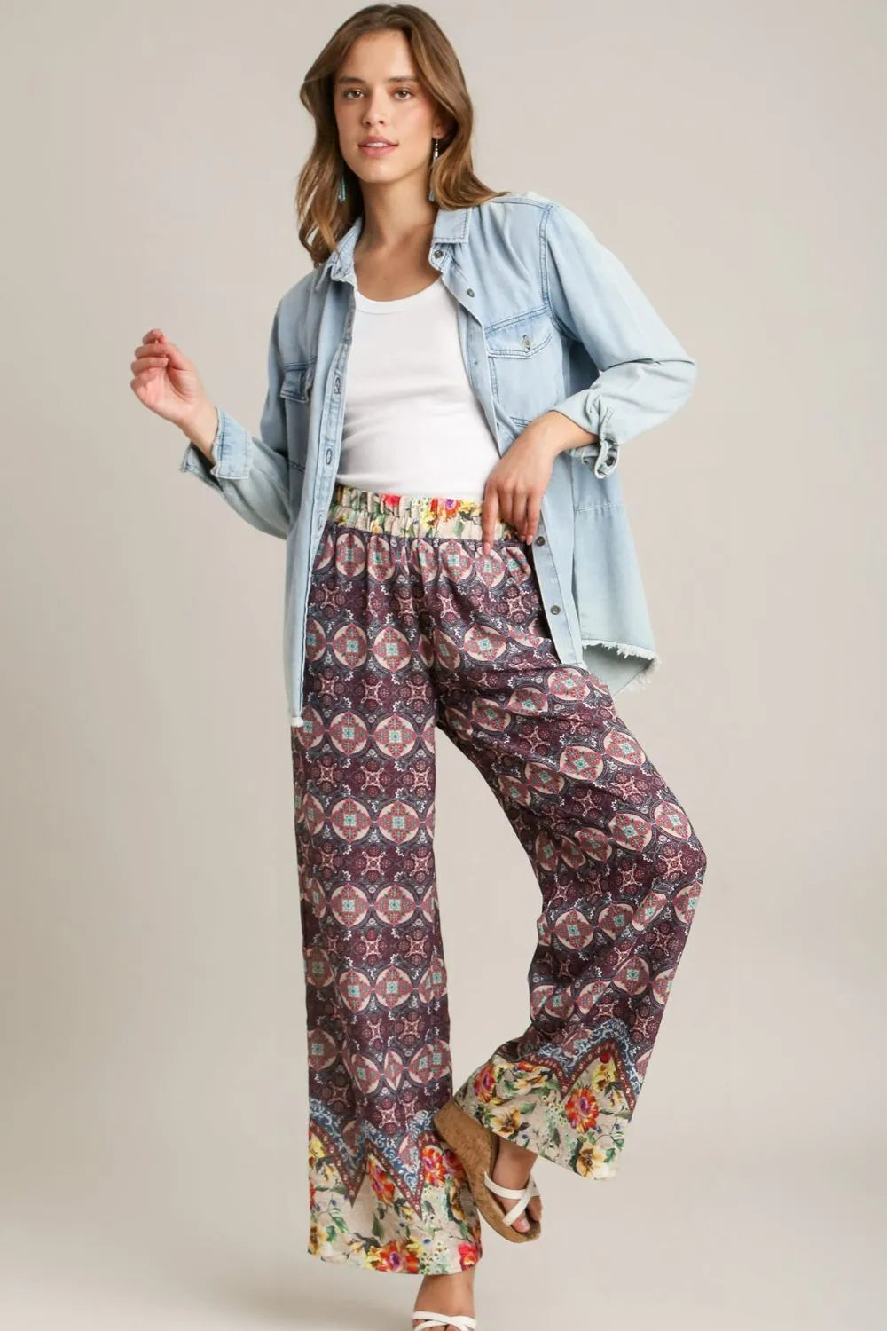 Umgee Full Size Mixed Print Elastic Waistband Pants Plus Size