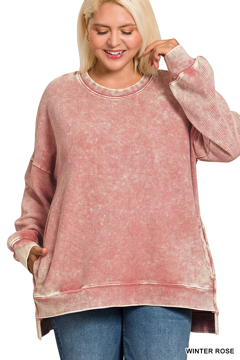 Zenana Full Size Acid Washed Double Ribbed Hi-low Sweatshirt Plus Size