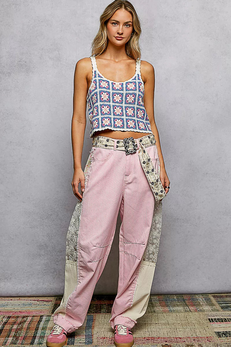 POL Scalloped Edge Cropped Crochet Cami with Granny Square Pattern