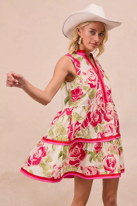 BiBi Floral Woven Contrast Edge Tiered Ruffle Mini Dress