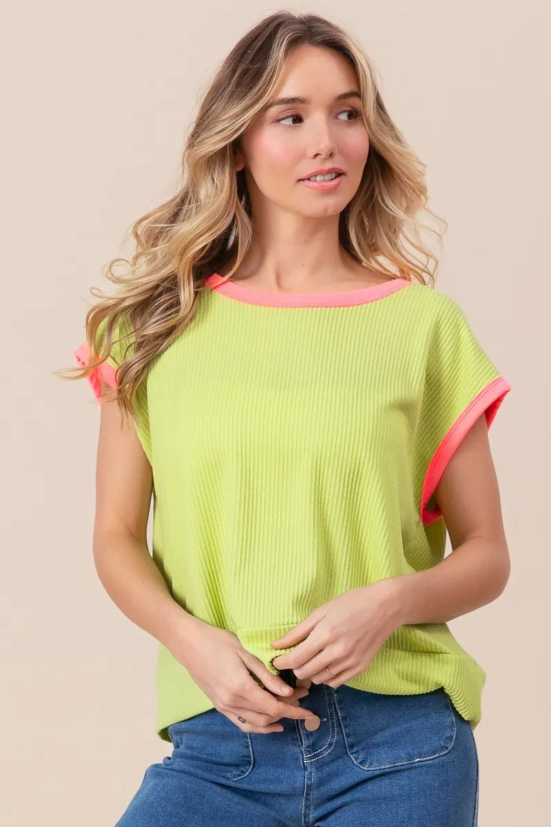 BiBi Cord Rib Knit Contrast Banded Top