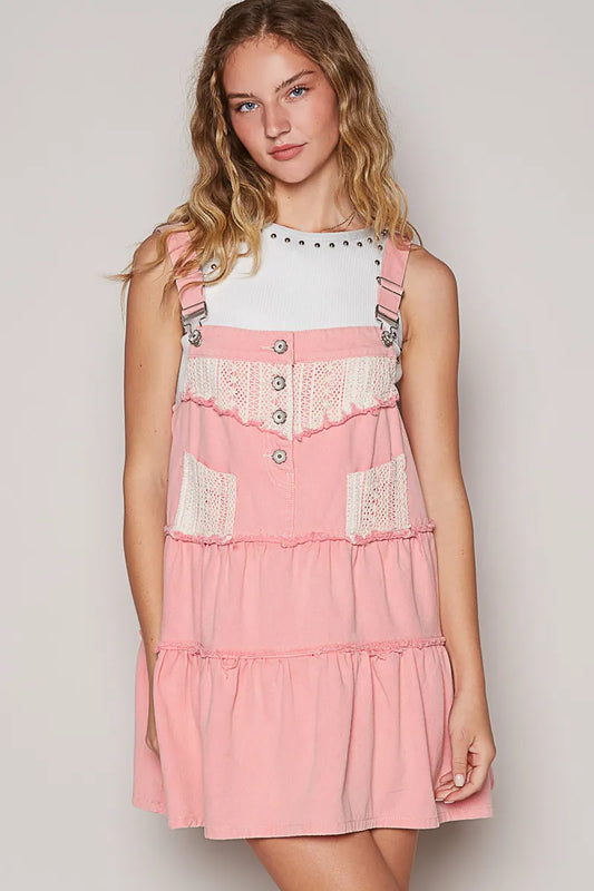 POL Lace Patchwork Detail Denim Overall Dress