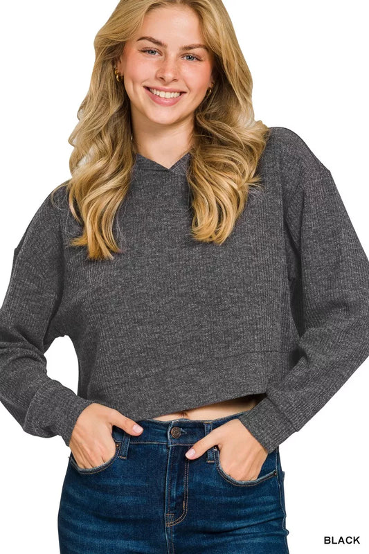 Zenana Drop Shoulder Ribbed Crop Hoodie