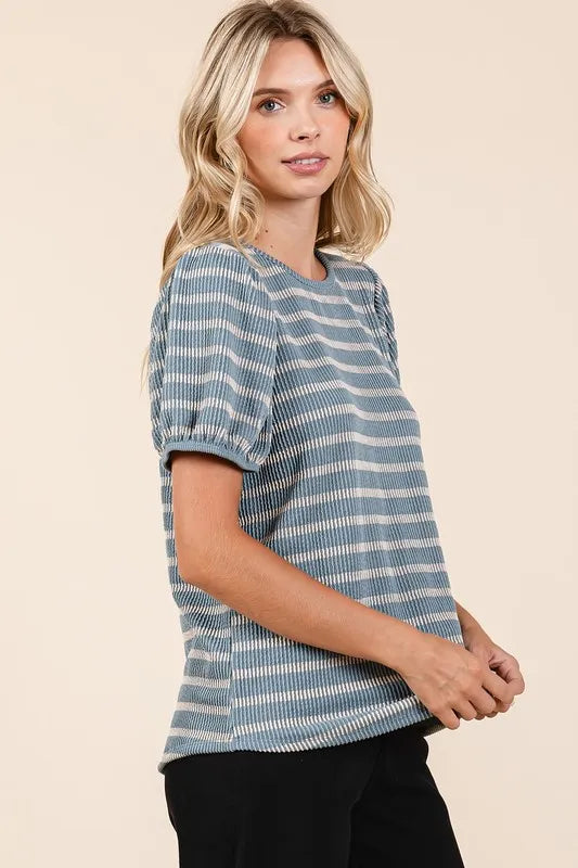 Mittoshop Contrast Striped Short Puff Sleeve Knit Top