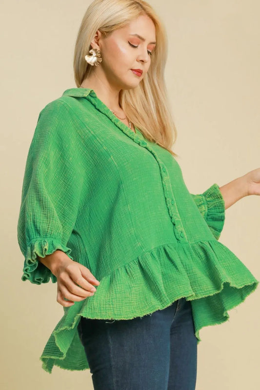 Umgee Full Size Mineral Washed Cotton Gauze Top Plus Size