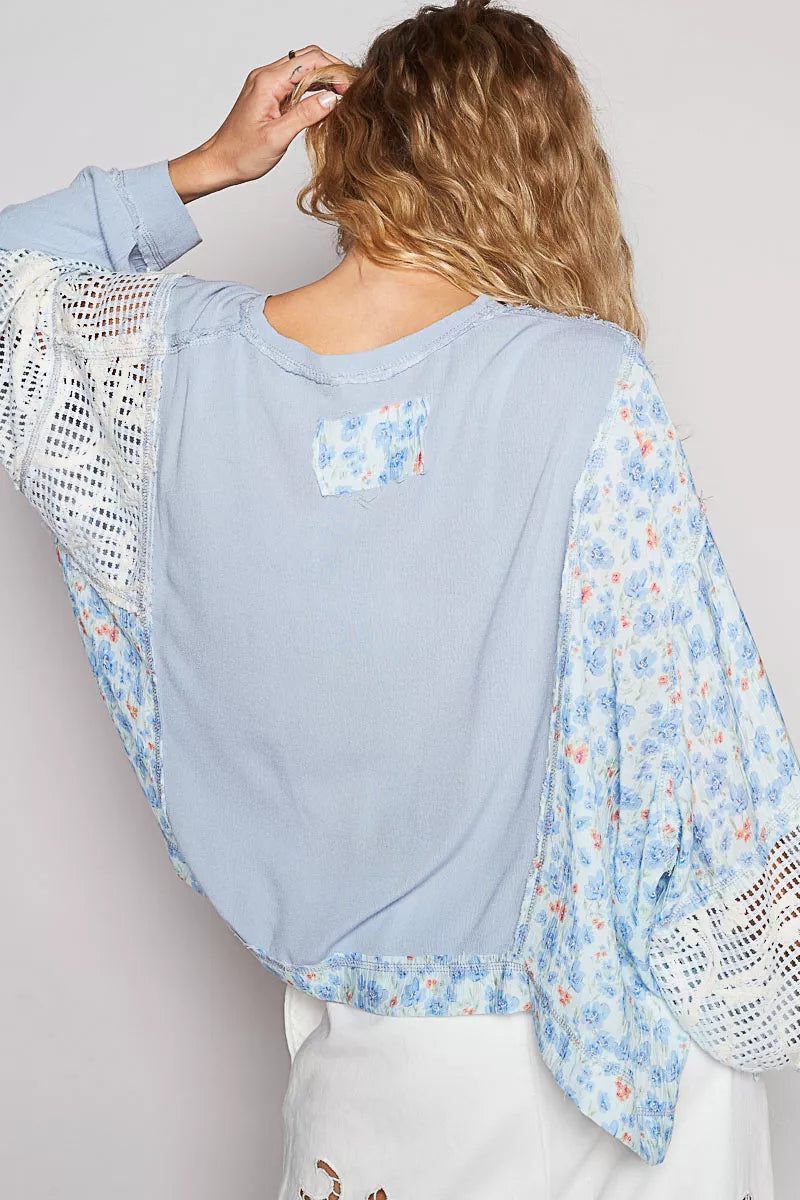 POL Round Neck Cropped Gauze Floral Pattern Top with Overlock Stitch Detail