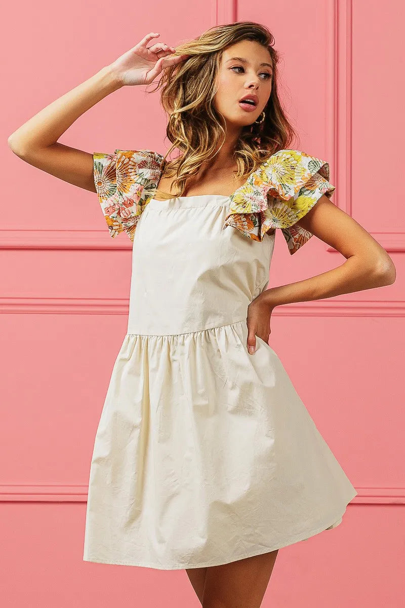 BiBi Flower Embroidered Floral Print Sleeve Dress