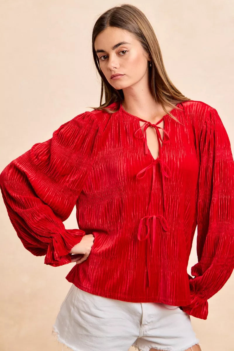 BiBi Christmas Theme Velvet Bow Tied Top With Neck Drop
