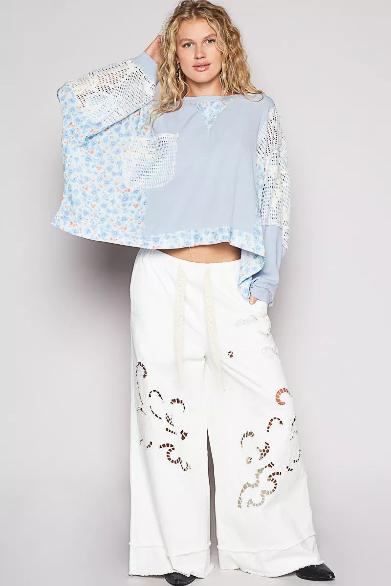 POL Round Neck Cropped Gauze Floral Pattern Top with Overlock Stitch Detail