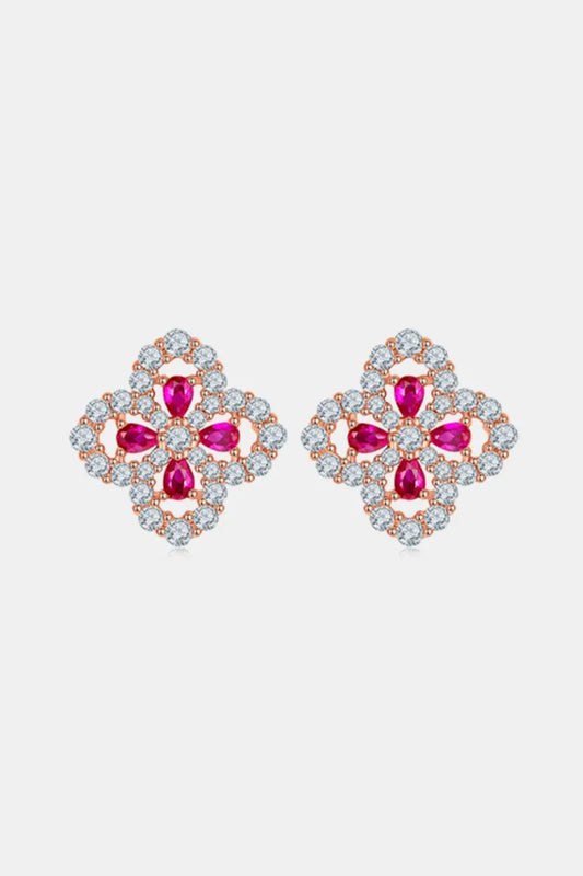 925 Sterling Silver Lab-Grown Ruby Flower Shape Stud Earrings