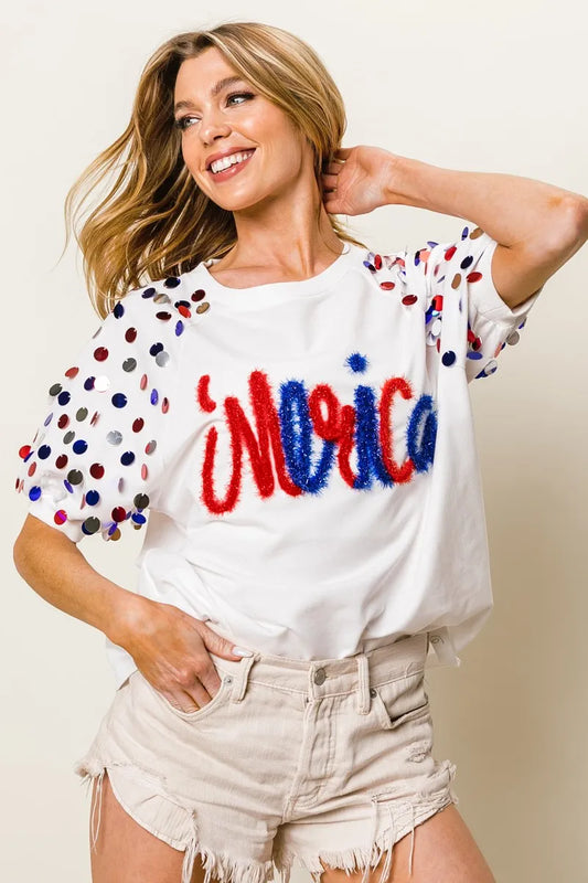 BiBi Metallic Letter Spangle Raglan Puff Sleeve Top