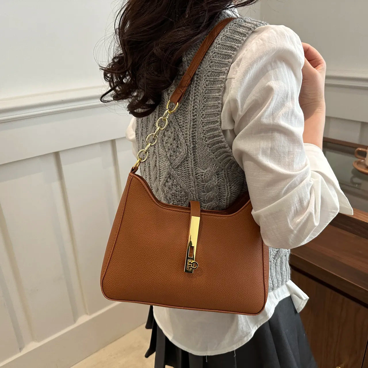 Leather Shoulder Bag with Gold Accent