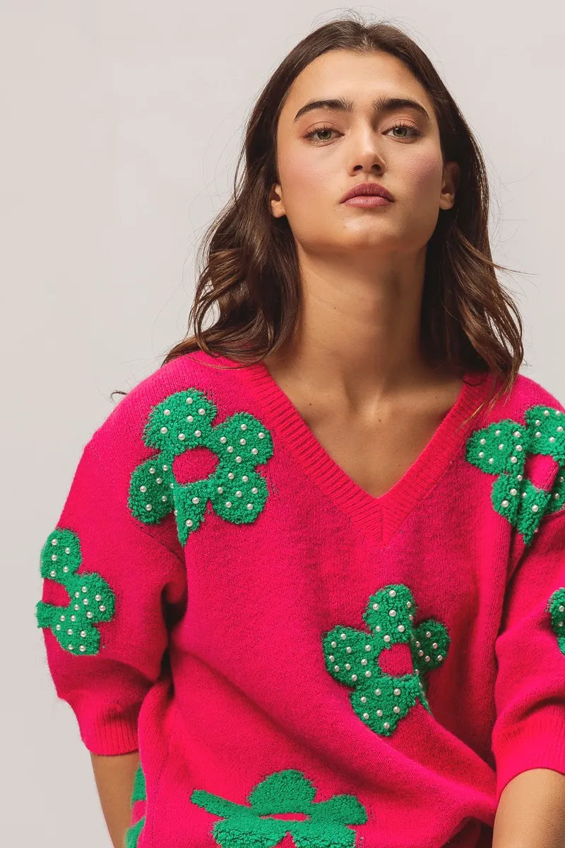 BiBi Pearl Beads Flowers Sweater Top
