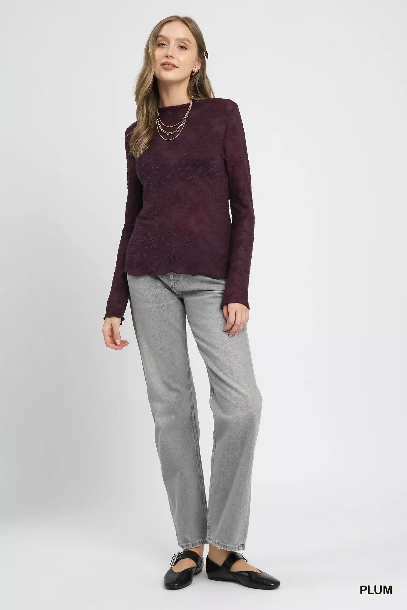 Umgee Lace Sheer Long Sleeve Top