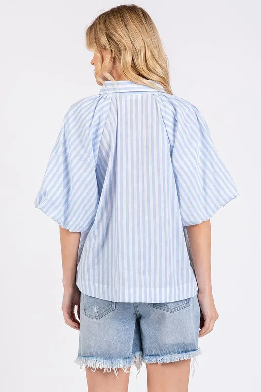 Mittoshop Button Down Striped Puff Sleeve Shirt