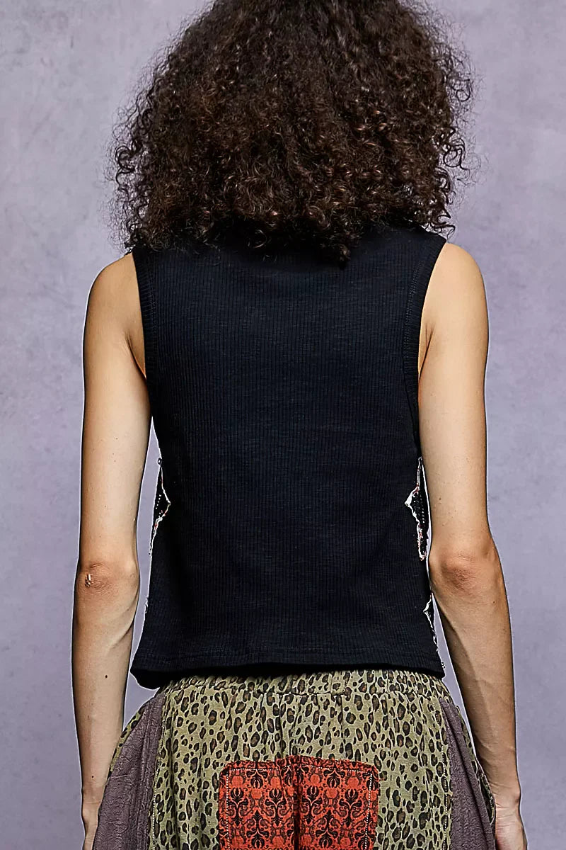 POL Star Patch V-Neck Cropped Ribbed Tank