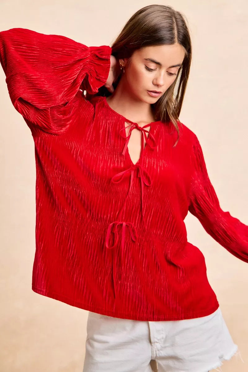 BiBi Christmas Theme Velvet Bow Tied Top With Neck Drop