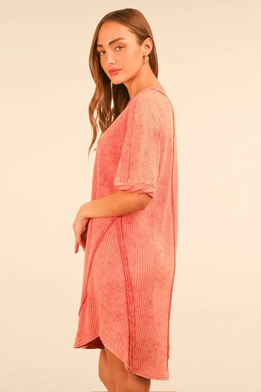 VERY J Plus Size Mineral Washed Ribbed Knit Mini Dress
