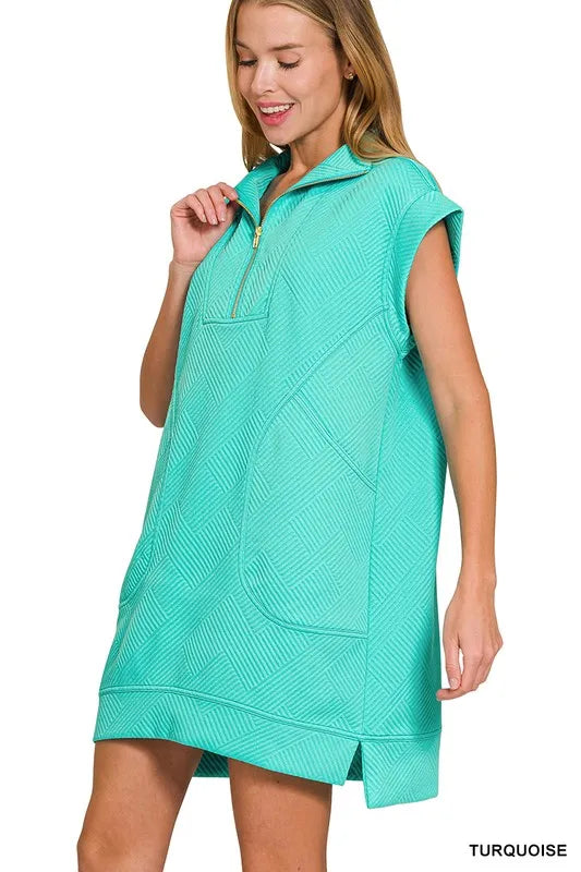 Zenana Textured Knit Jacquard Quarter Zipper Mini Dress