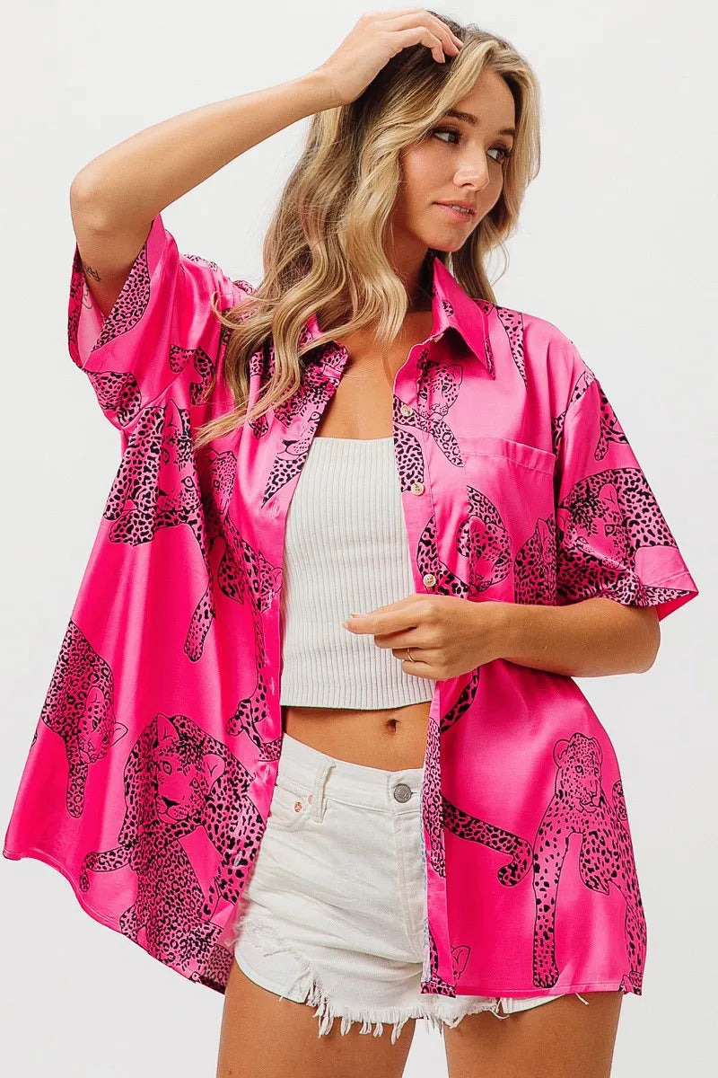 BiBi Leopard Print Short Sleeve Silky Satin Shirt Top