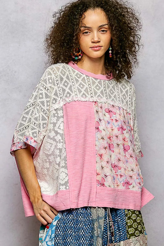 POL Floral Patchwork Lace Accent Blouse