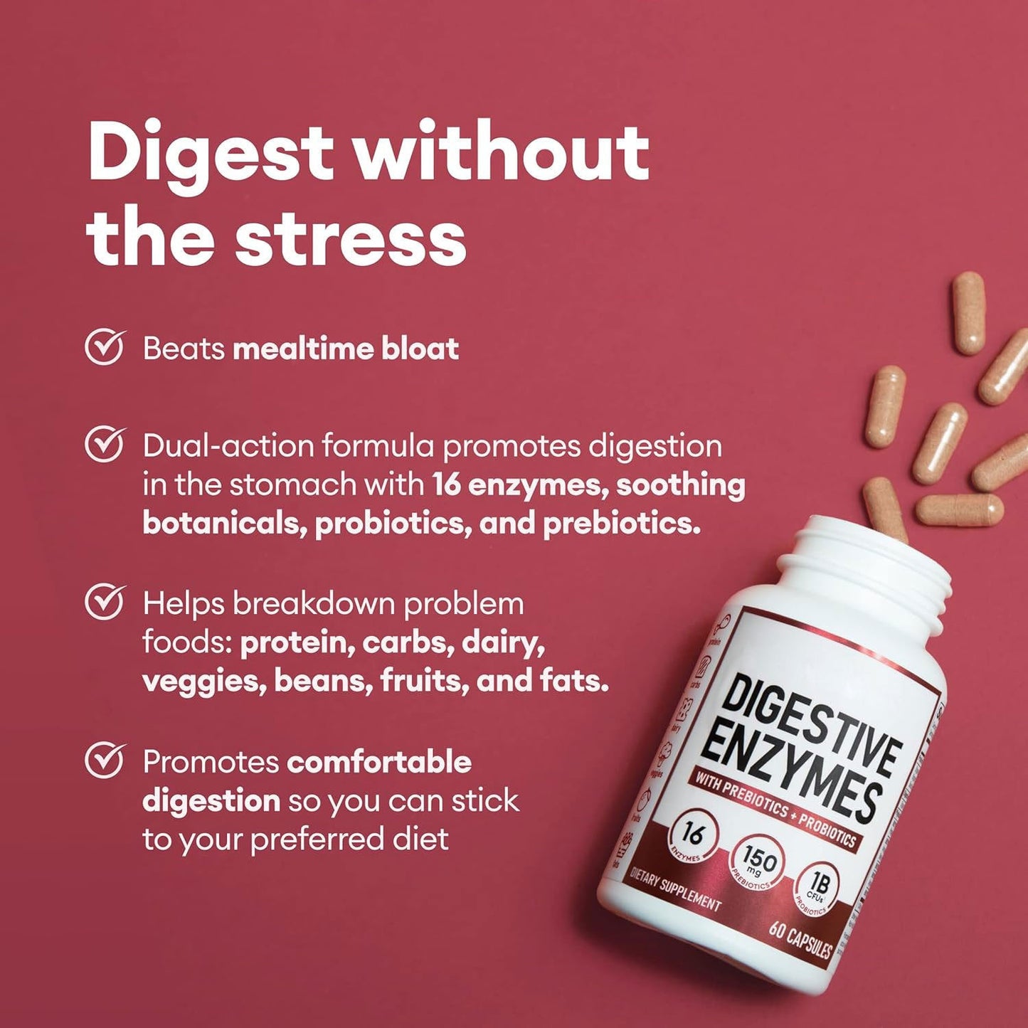 Digestive Enzymes With Prebiotics & Probiotics - 16-in-1 Multi-Enzyme Blend, 1 Billion CFU Probiotics, Supports Food Breakdown, Bloating Relief & Gut Function, 60 Capsules