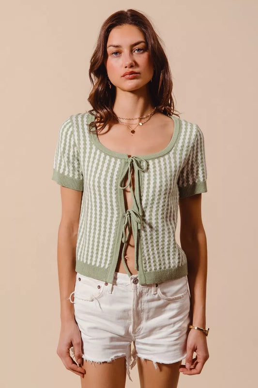 SO ME Tie Front Textured Vertical Stripe Knit Cardigan