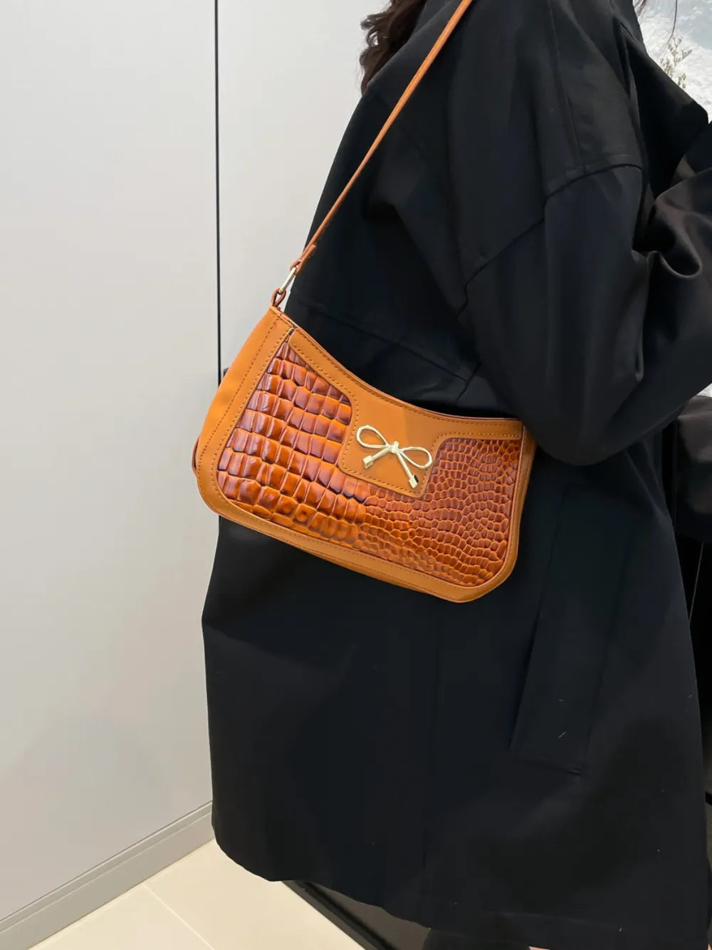 Crocodile Pattern Shoulder Bag with Bow Detail