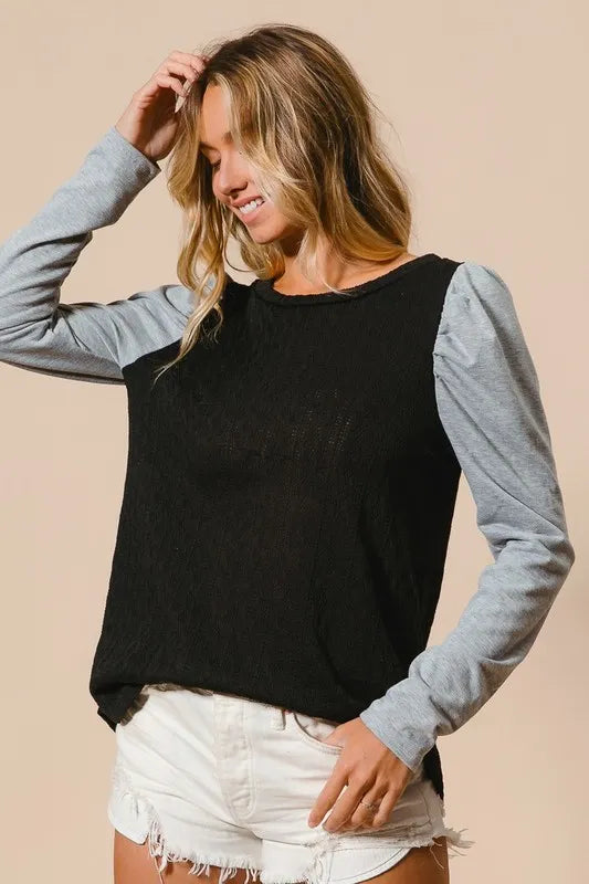 BiBi Cable Sweater Knit Top with Contrast Puff Sleeve