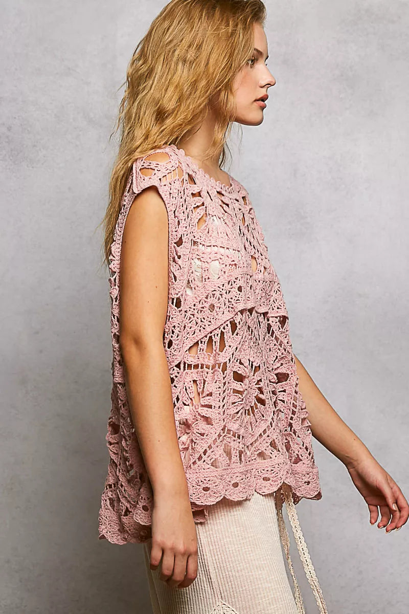 POL Openwork Round Neck Floral Crochet Tank
