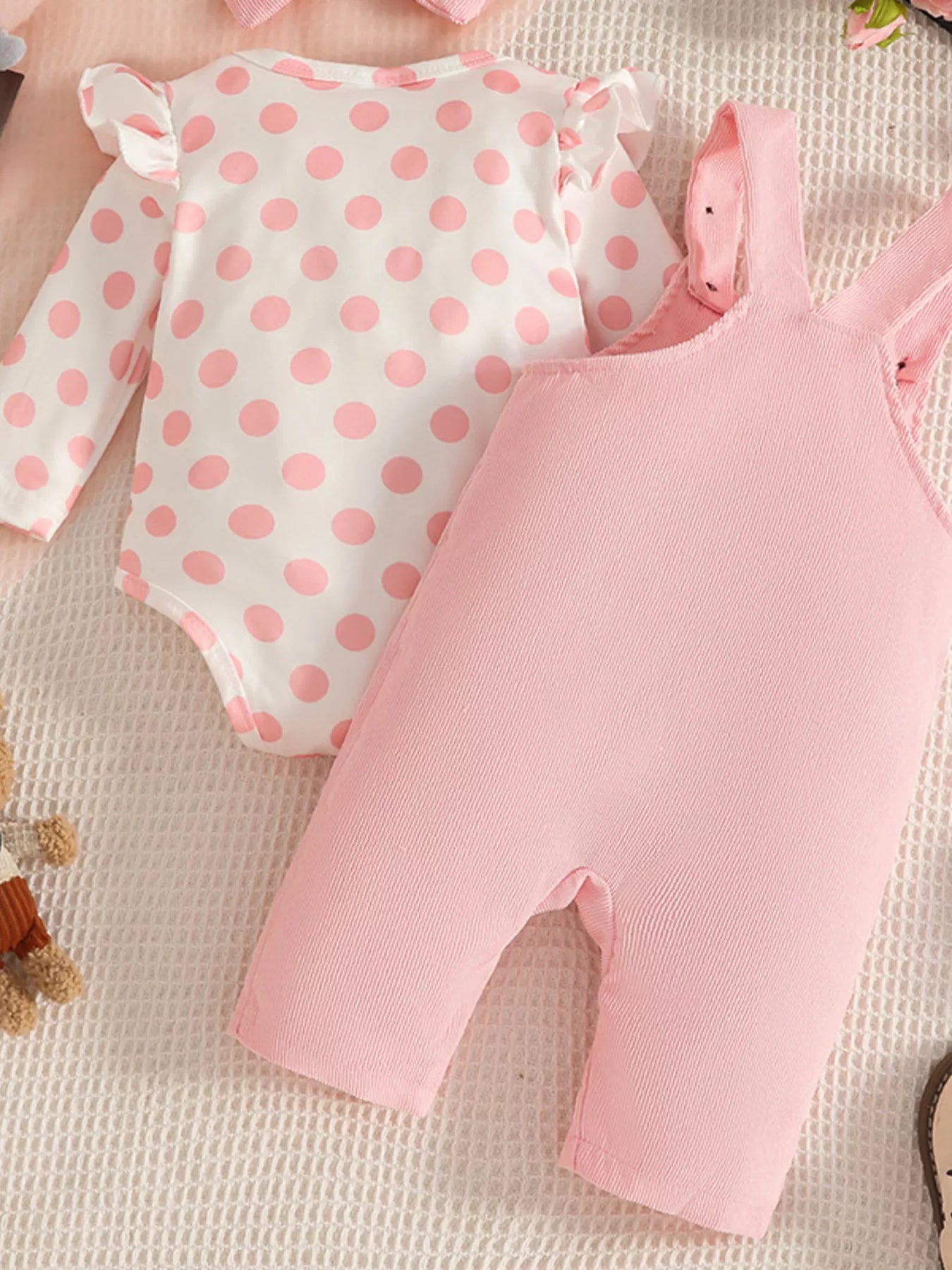 Children's Polka Dot Top and Overalls Set with Headband