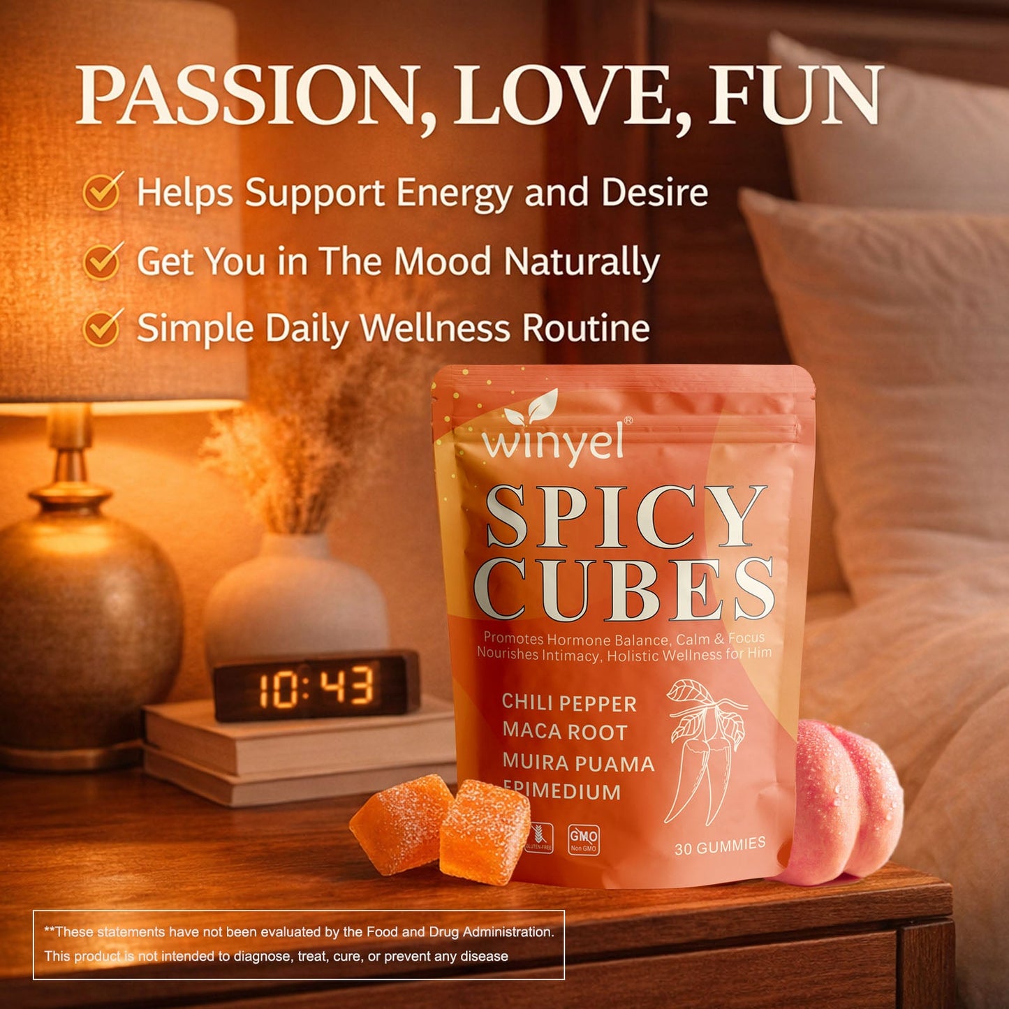 Spicy Cubes, Intimacy Gummies With Chili Pepper, Muira Puama, Maca Root, Epimedium, Helps Promote Hormone Balance, Calmness And Intimacy Wellness, Peach Flavor, 30 Gummies S