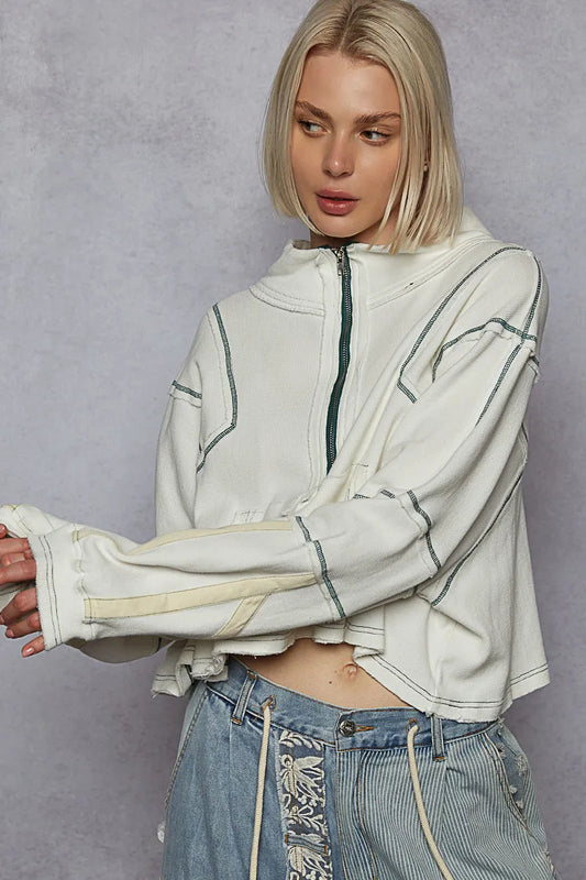 POL Contrast Stitching Zip Front Sweatshirt