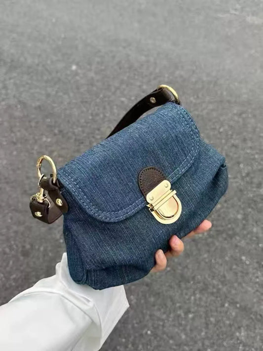 Denim Flap Shoulder Bag with Golden Clasp